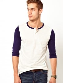 Asos 3/4 Sleeve T-shirt With Grandad Neck And Contrast Sleeves