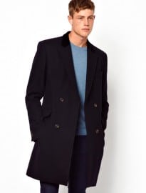 Asos Double Breasted Wool Overcoat In Navy With Velvet Collar