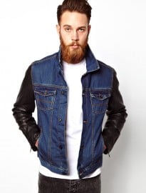 Asos Denim Jacket With Leather Look Sleeves