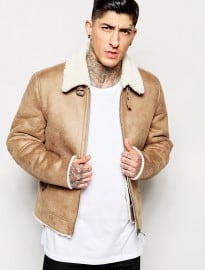 Asos Faux Suede Harrington With Shearling Collar In Camel