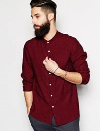 Asos Shirt In Long Sleeve With Linen Mix And Grandad Collar