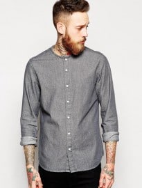 Asos Denim Shirt In Long Sleeve With Collarless Neck Detail