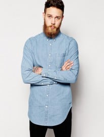 Asos Denim Shirt In Longline With Mid Wash
