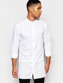 Solid Longline Shirt With Grandad Collar In Regular Fit