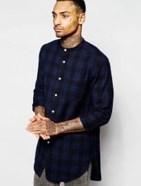 Asos Check Shirt In Super Longline With Grandad Collar In Long Sleeves