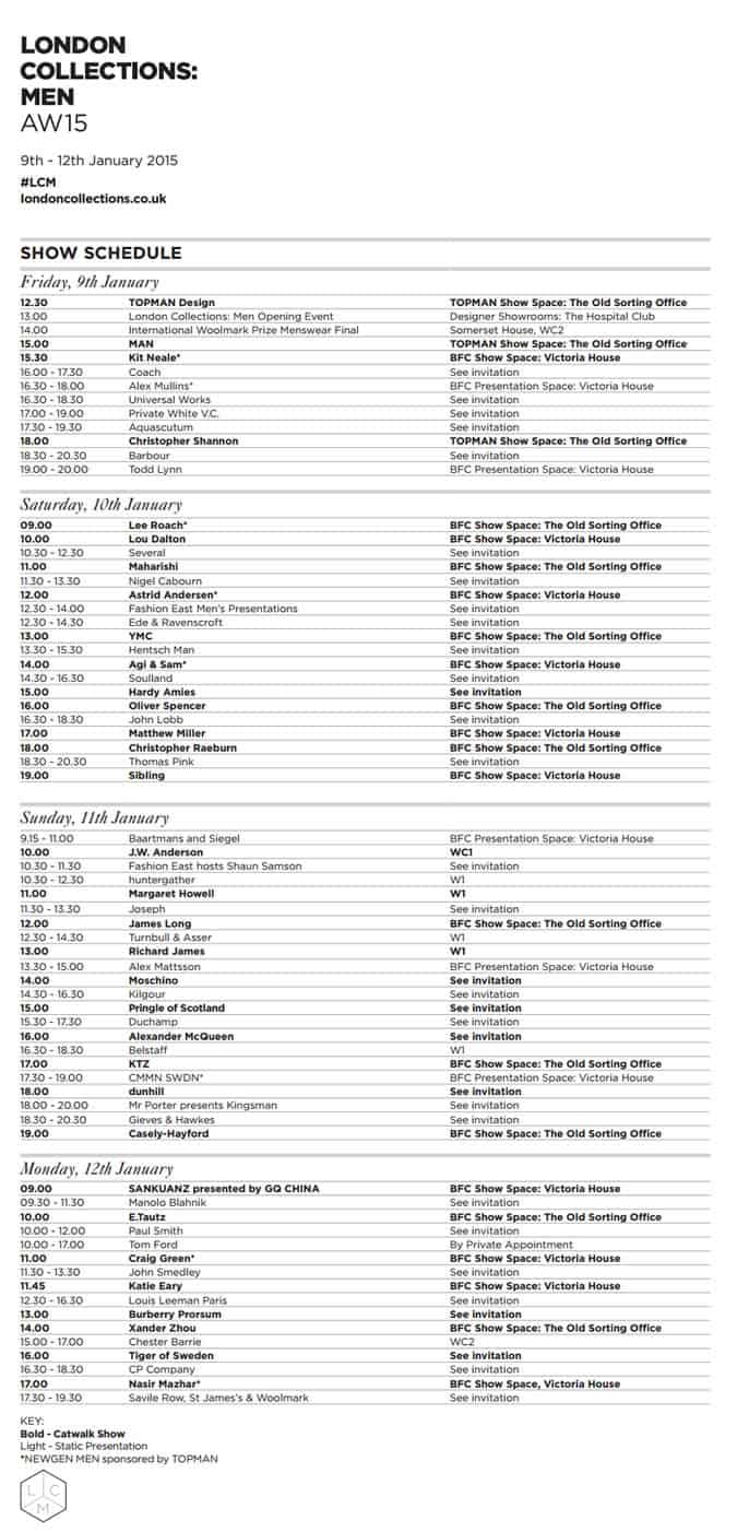 London Collections: Men SS15 Final Schedule