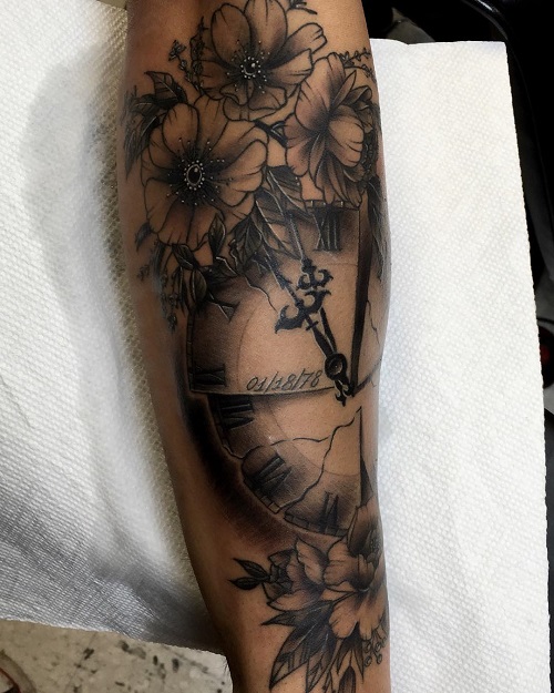 Flower and Clock Tattoo
