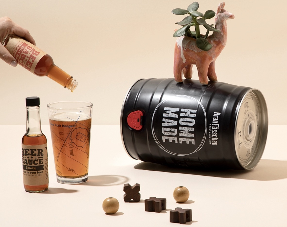 Homemade beer kit and succulent in a llama pot