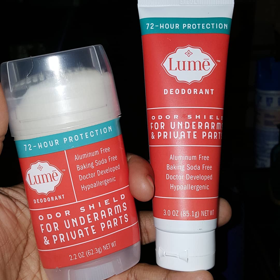 holding deodorants for underarms and private parts by lume