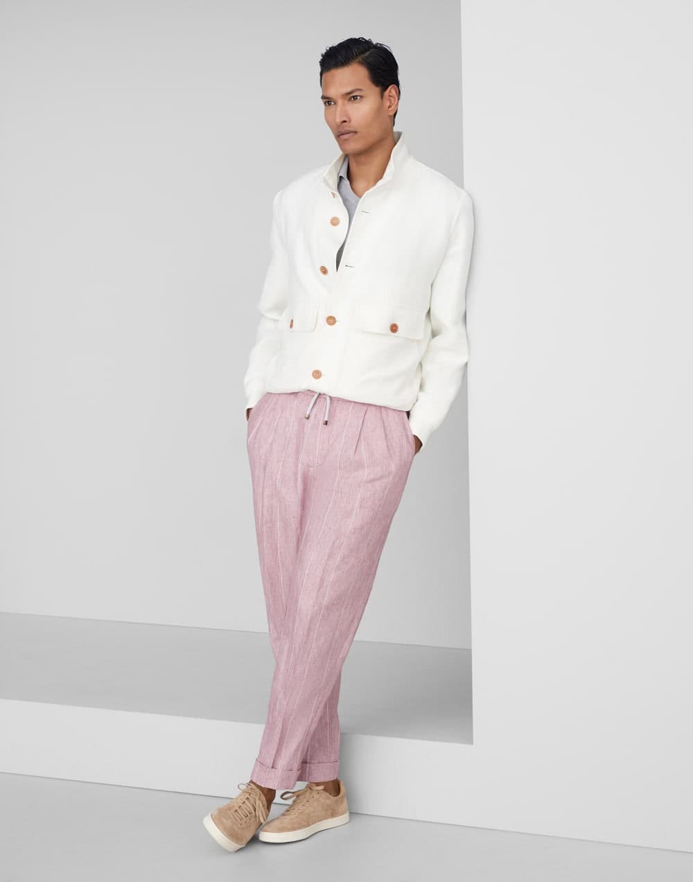 Brunello Cucinelli Linen wide chalk stripe leisure fit trousers