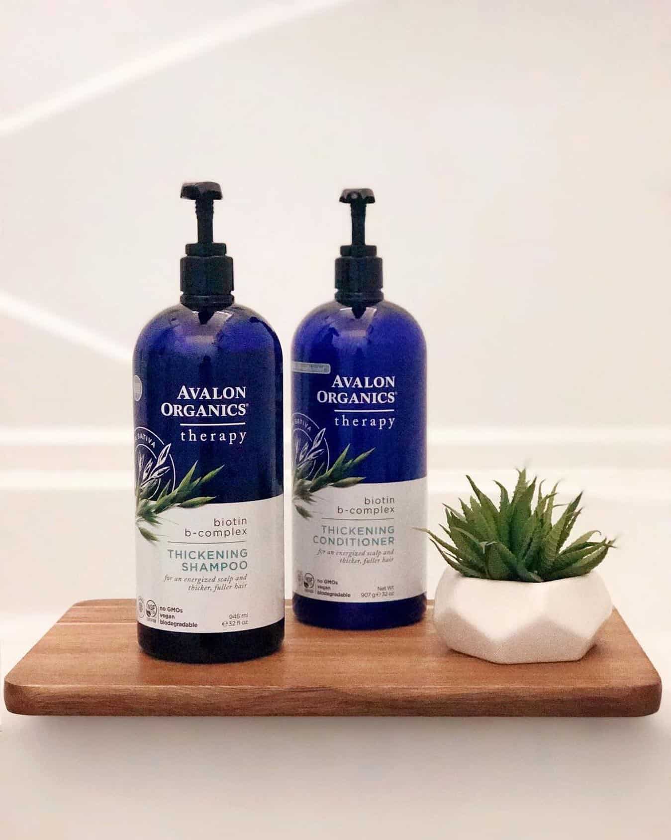 bottles of thickening shampoo and conditioner by avalon organics