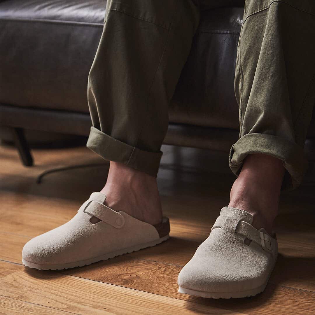 wearing a pair of suede boston clogs by birkenstock