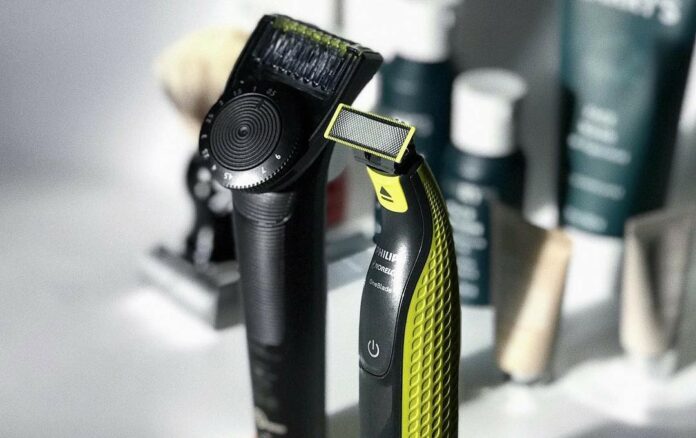 philips norelco shavers with grooming products in the background