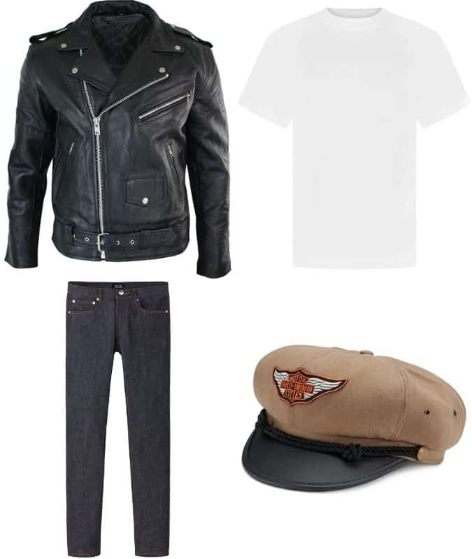 how to wear a leather biker jacket with a white crew neck t-shirt