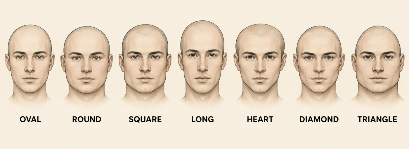 AI-generated reference chart: oval, round, square, long, heart, diamond and triangle face outlines.