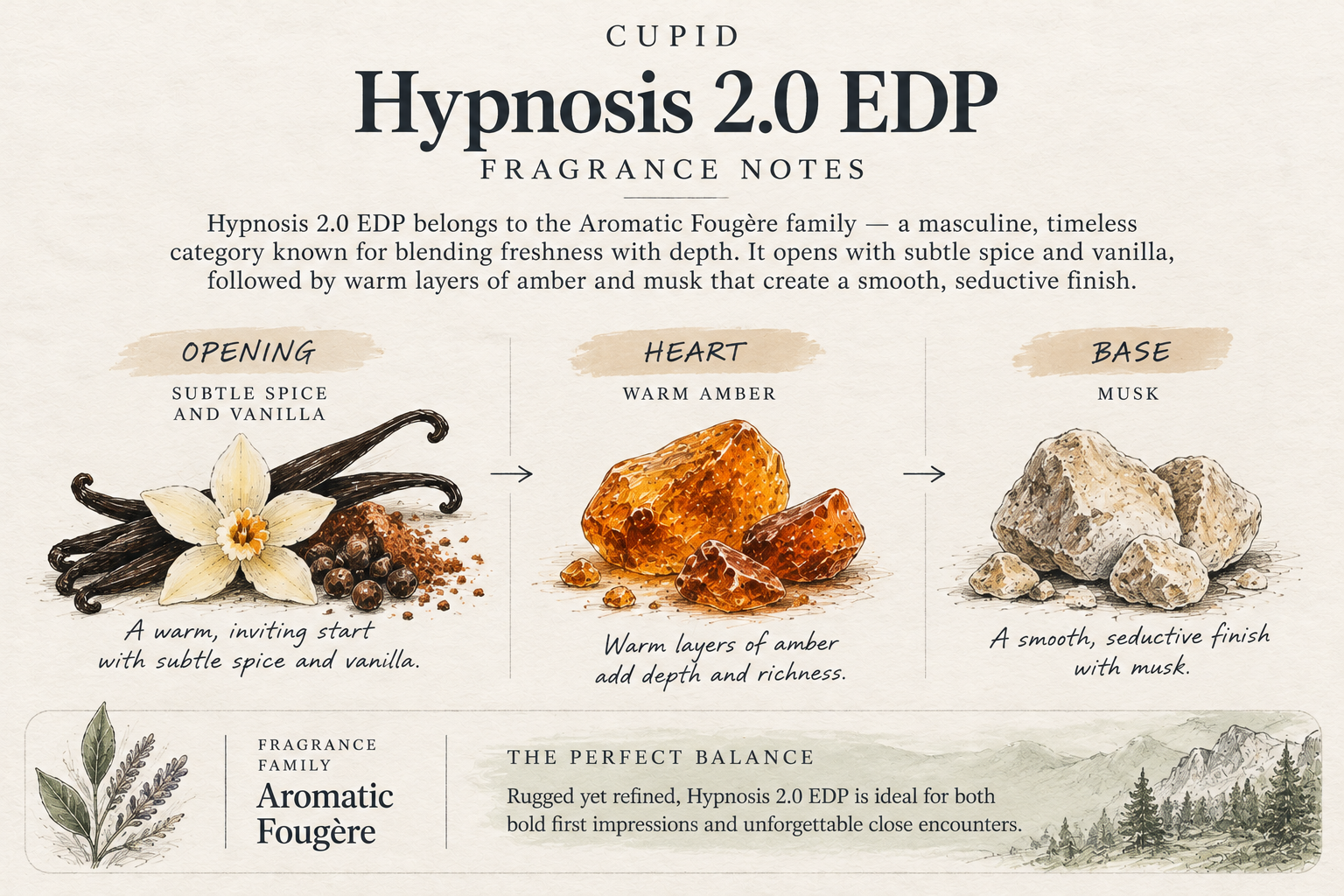 Illustrated Cupid Hypnosis 2.0 EDP fragrance notes: opening spice and vanilla, warm amber heart, and musk base